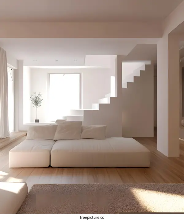 Minimalist White Interior Design with a Modern Sofa and Floating Stairs