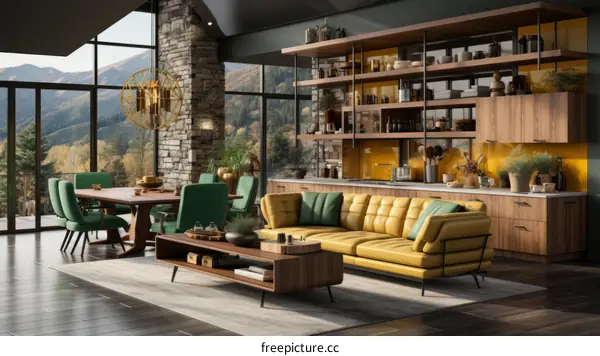 Modern mountain home interior living room kitchen dining room