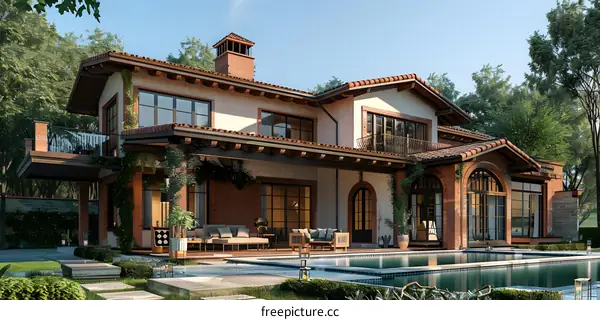 Modern house exterior with pool and large windows