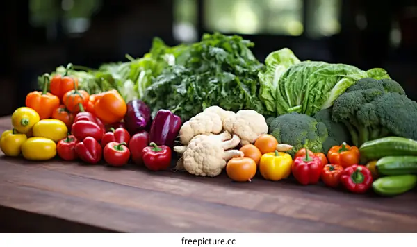 A variety of fresh vegetables are arranged on a wooden table.