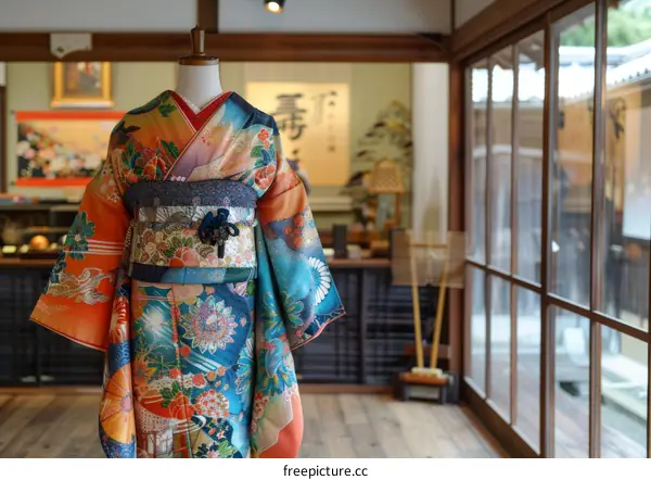 A kimono with a floral pattern displayed in a traditional Japanese room