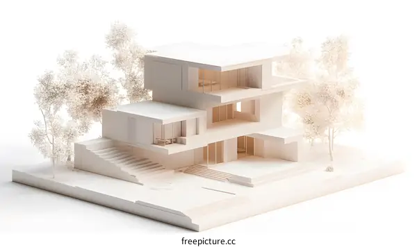 White Minimalist Modern House 3D Model Illustration