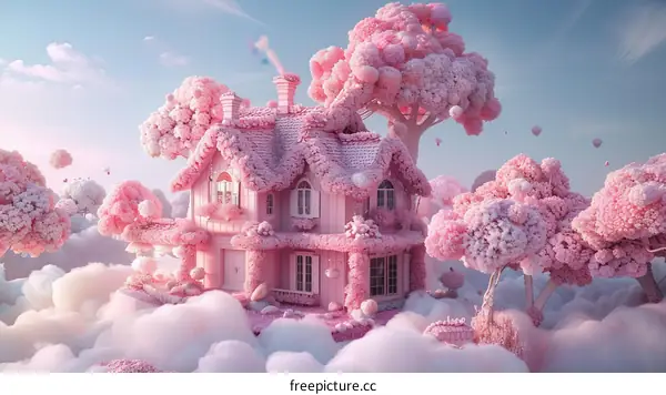 Pink surreal house in the clouds