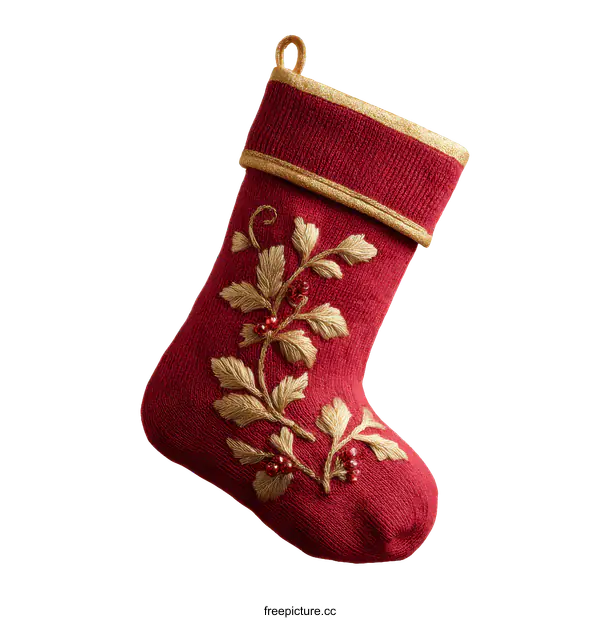 [Transparent Background PNG]Christmas Stocking with Gold Embroidered Design