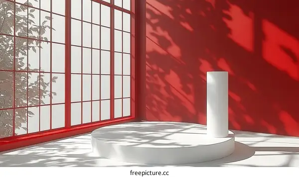 Modern Red Room Product Showcase with White Cylinder