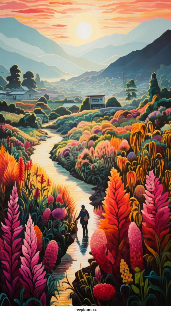A farmer walking through a vibrant field of flowers with a river running through it