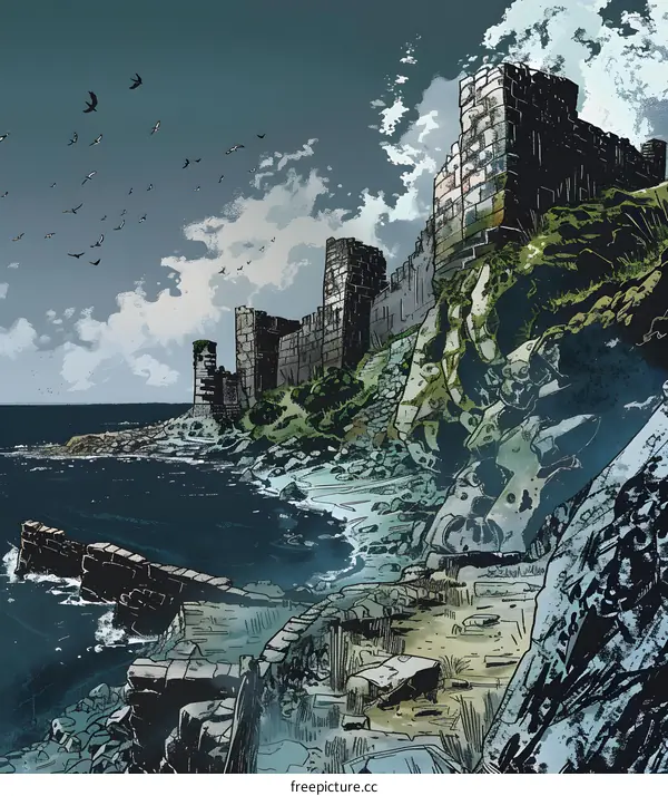 Seabirds Fly Over a Ruined Castle on a Coastline