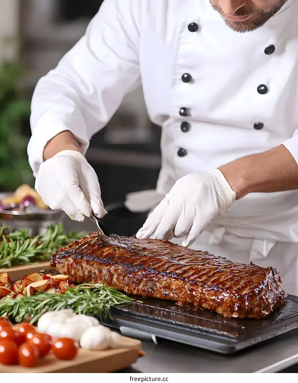 Chef Preparing Grilled Meat with Rosemary and Tomatoes