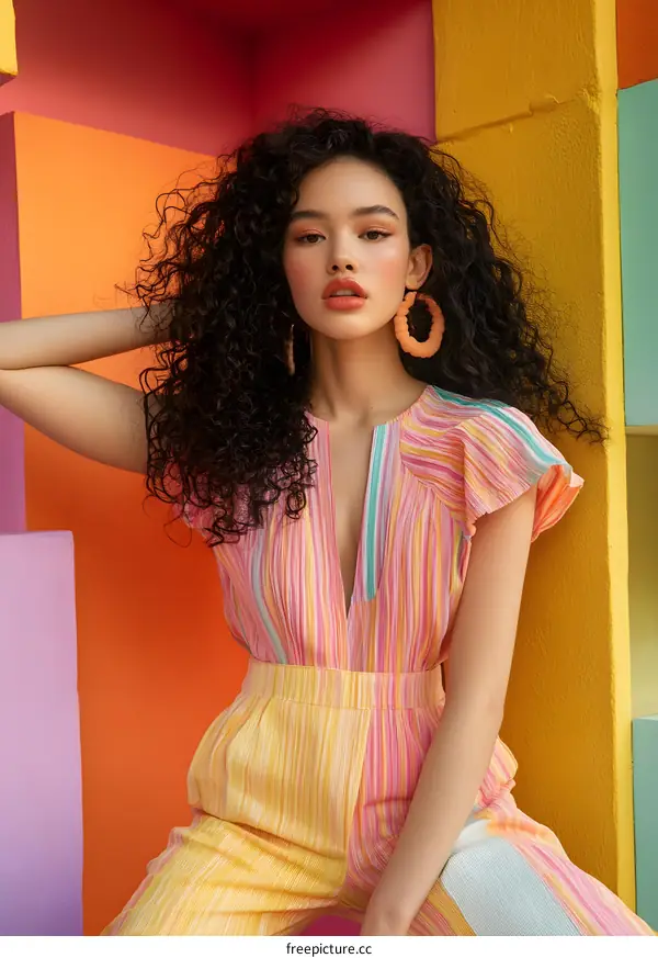 Fashion Model Wearing Striped Jumpsuit Against Colorful Wall