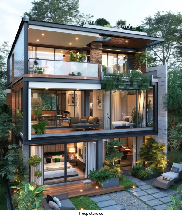 Modern Two-Story House Exterior Design with Lush Garden