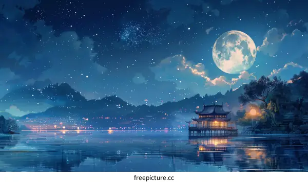Serene Lake at Night with Towering Mountains