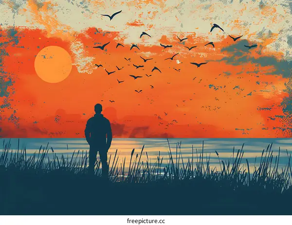 Silhouette of Man Watching Sunset Over Water