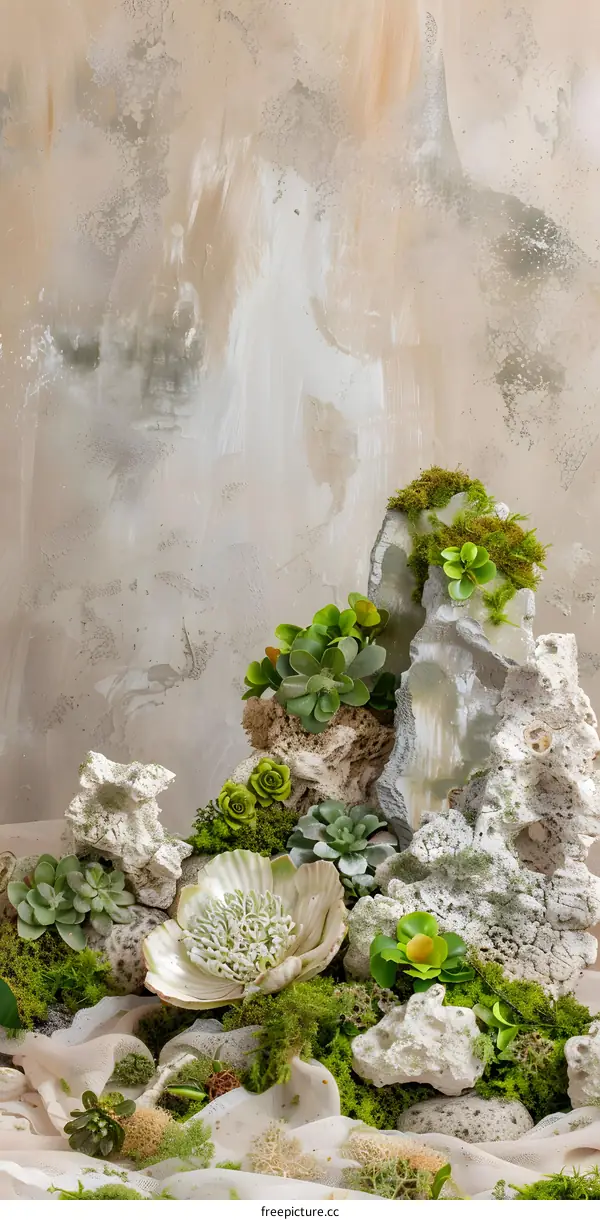 Closeup Of Green Succulents And Moss On A Rustic Background