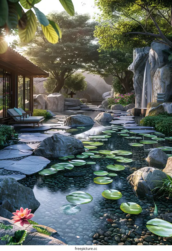 Serene Courtyard with Stepping Stones and Water Feature