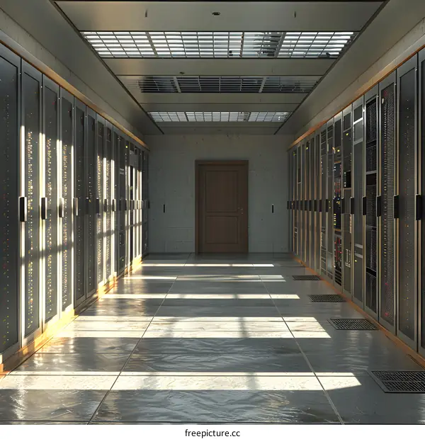 Server room with bright lights and shiny tiled floor