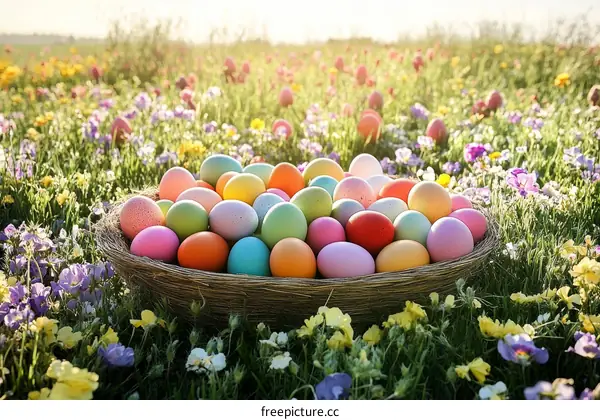 Colorful Easter Eggs in a Nest Among Flowers