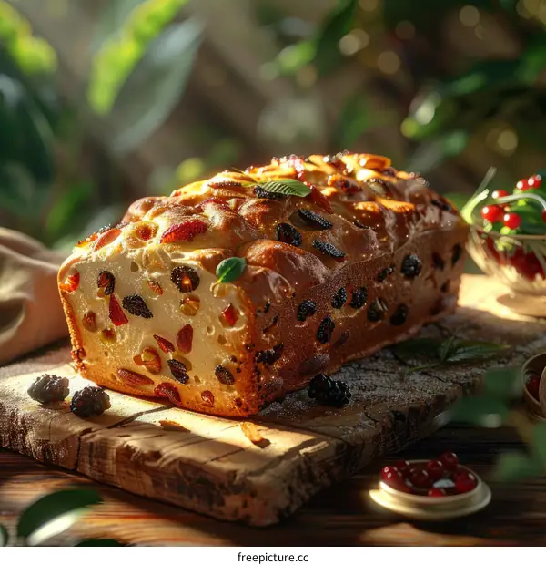Close-up of a delicious homemade fruitcake with nuts on a wooden table