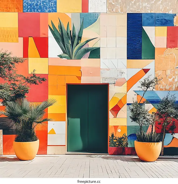 Green Door With Colorful Geometric Wall Mural