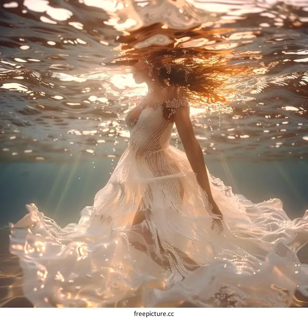 Woman in White Dress Underwater with Sun Rays