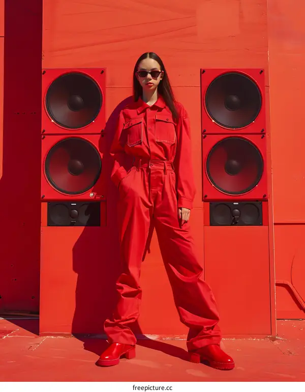 Asian woman in red jumpsuit standing in front of red wall with speaker