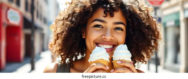 Smiling Young Woman Eating Ice Cream in City