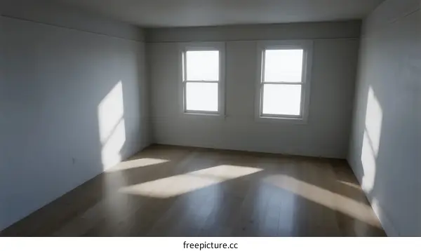 Empty room with two windows and wooden floor
