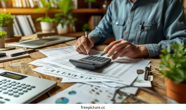 A man is calculating his finances using a calculator.