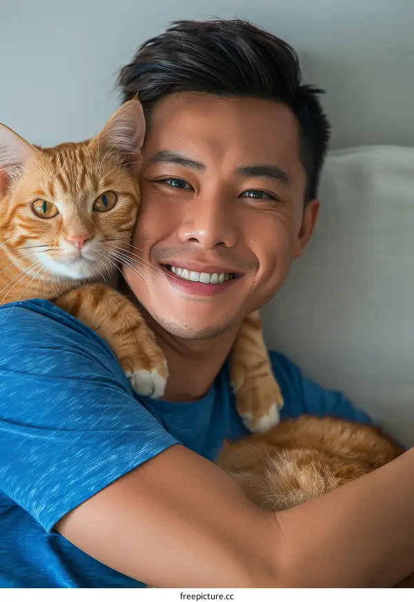 A smiling man with his orange cat