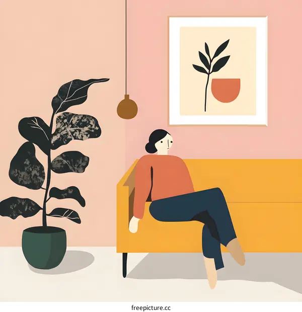 Woman Sitting On Sofa In Living Room Interior Design Illustration
