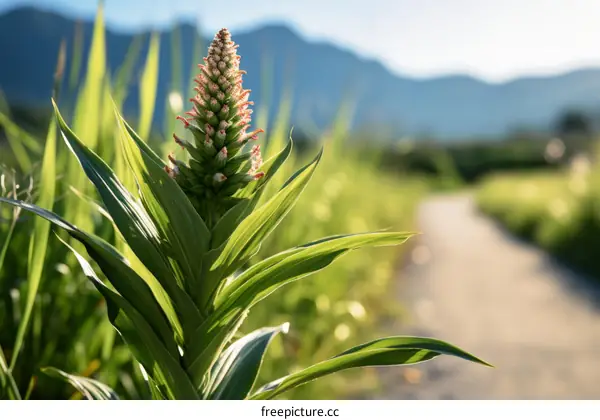 Close-up of a blooming mullein plant by a rural road