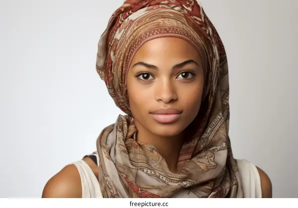 Portrait of a young woman wearing a brown and white headscarf