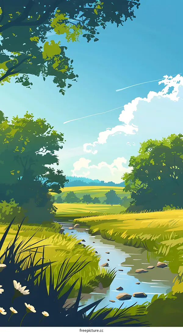 Summer Landscape With Stream And Lush Green Grass