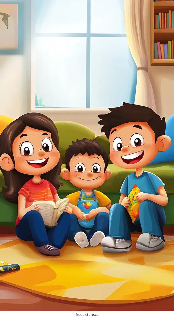 Happy Family Reading Together in Living Room