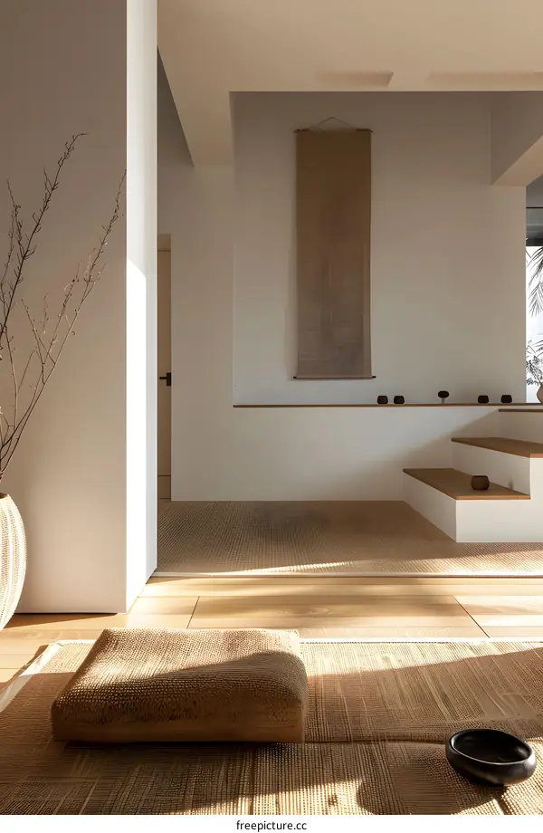 Minimalist Zen Room with Natural Light and Wooden Flooring
