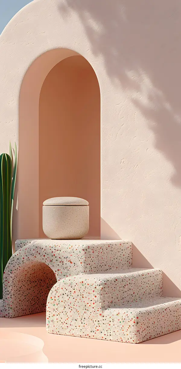 Abstract Minimalist 3D Archway with Stone Steps and a Pot