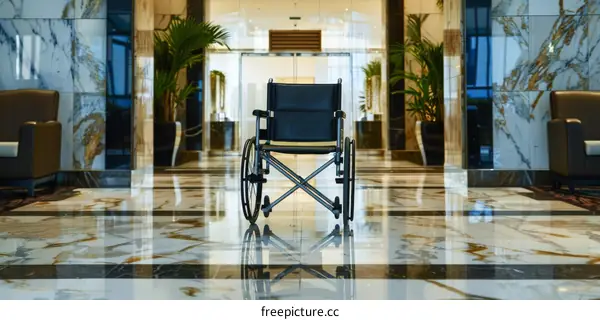 Empty Wheelchair in a Modern Hotel Lobby