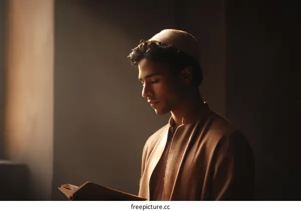 Young Man Reading a Book in a Spiritual Setting