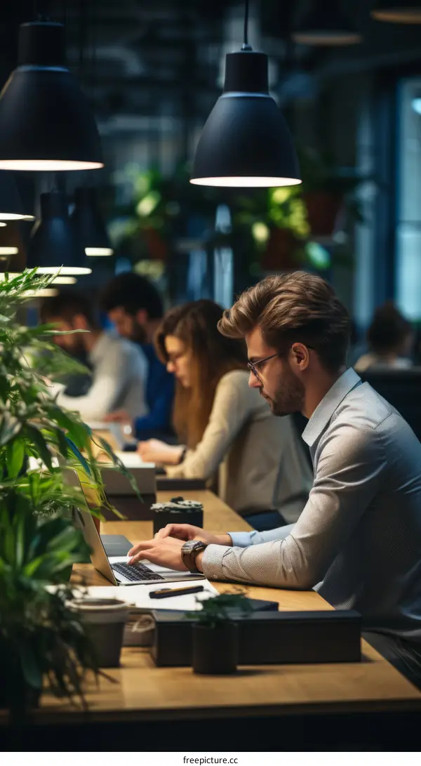 Focused young businessman working late in the office