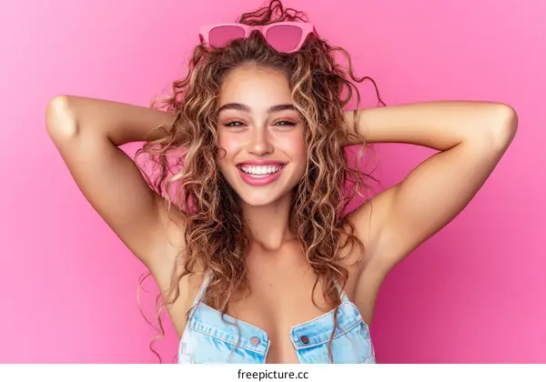 Smiling Woman with Curly Hair and Pink Sunglasses