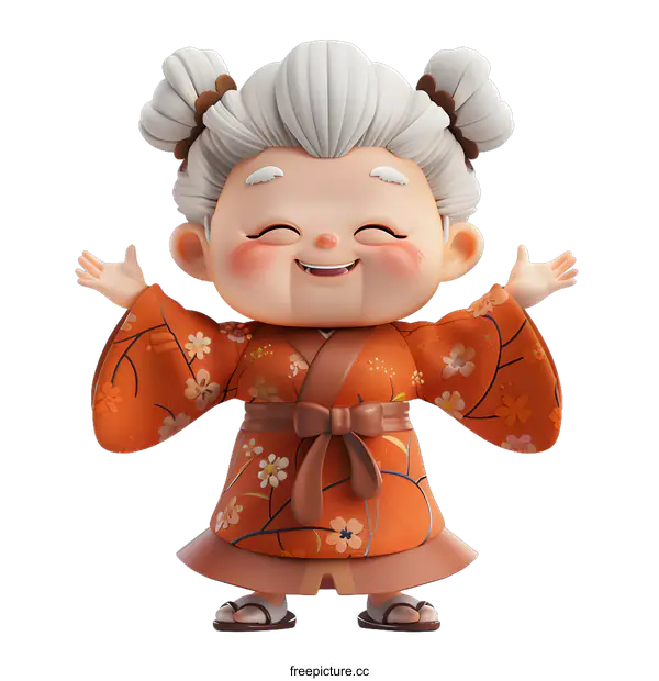 [Transparent Background PNG]A 3D rendering of a cute old lady in a kimono