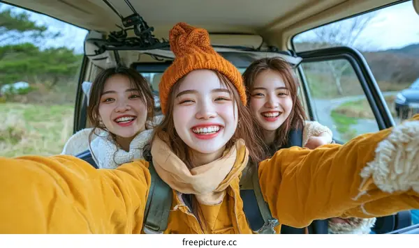 Three Asian Women Taking a Selfie in a Car