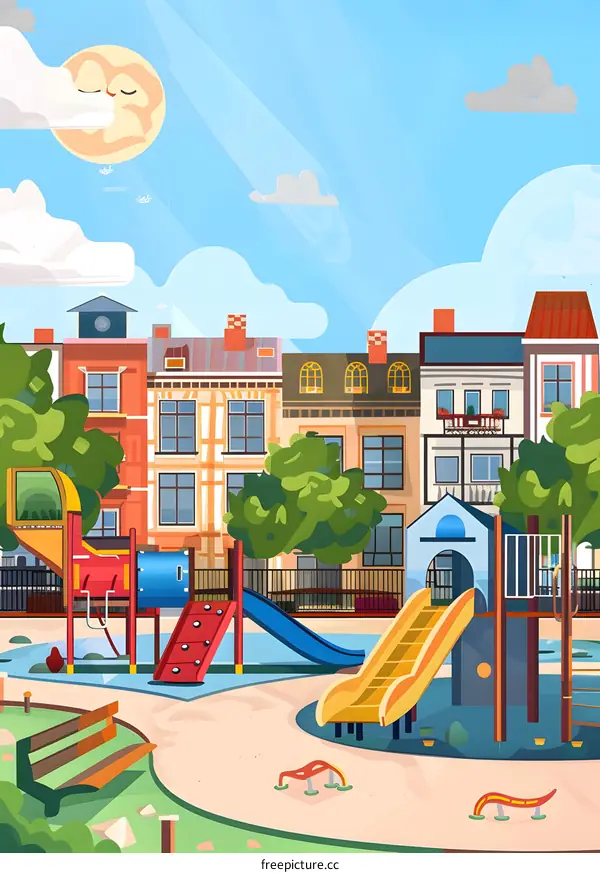 Cartoon Illustration of a Playground with Buildings in the Background