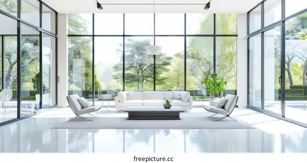 Modern Living Room with Floor-to-Ceiling Windows and Serene Garden View