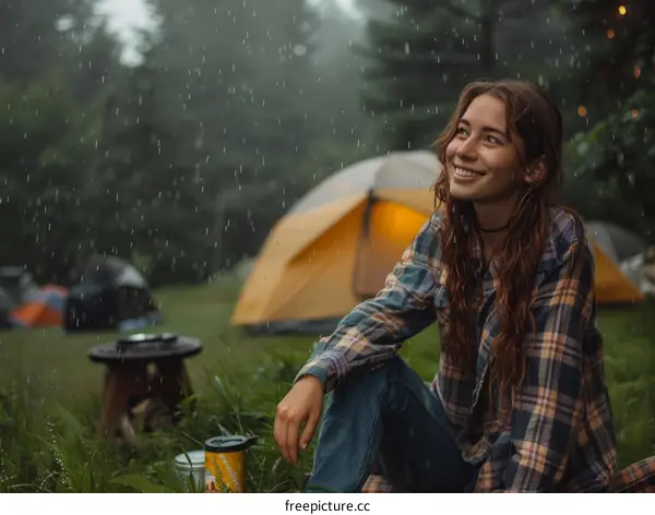 Young woman smiling in the rain while camping