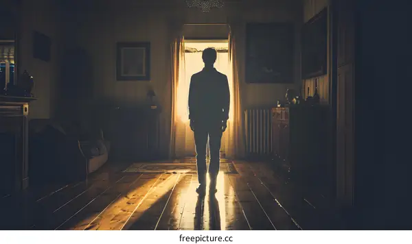 Man standing in a dark room looking out the window