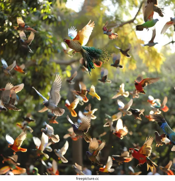 A flock of colorful birds flying in the sky