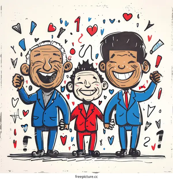 Three people of different ages are holding hands and smiling.