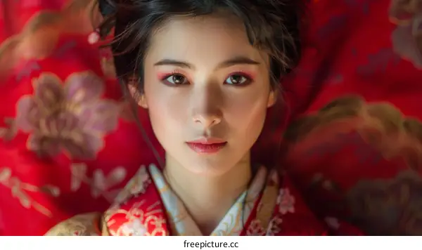 Portrait of a beautiful Asian woman in traditional Japanese kimono