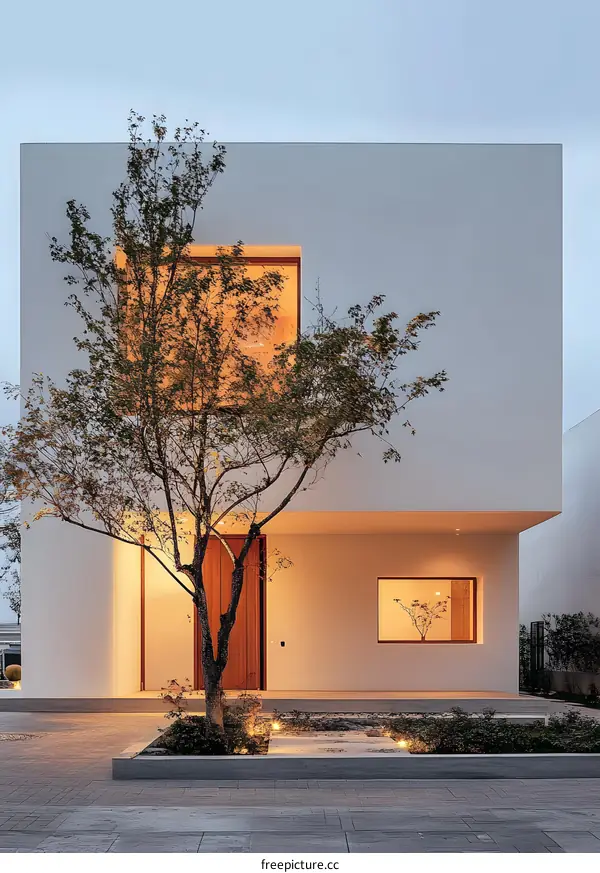 Modern Minimalist House with Tree and Square Windows