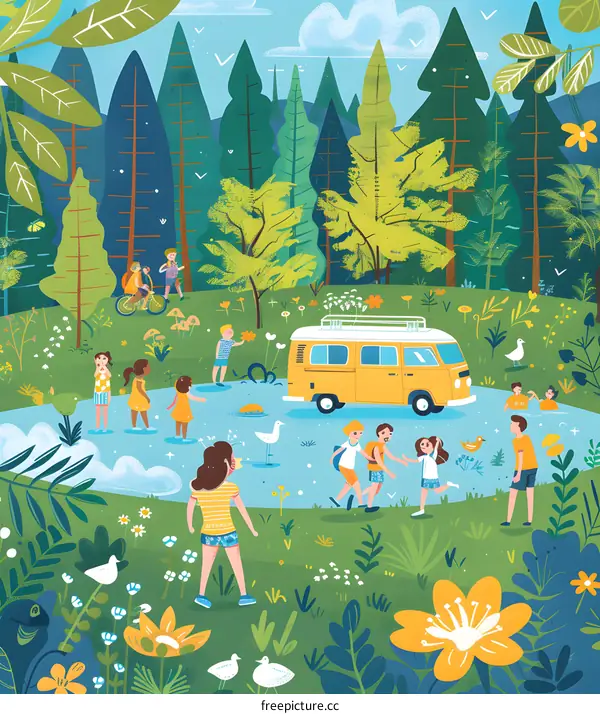Summer Vacation in a Forest With a Yellow Van